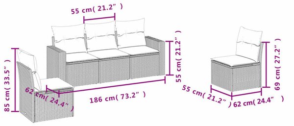 VidaXL 5 részes fekete polyrattan kerti kanapészett párnákkal