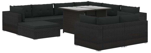 VidaXL 10-részes fekete polyrattan kerti bútorszett párnákkal