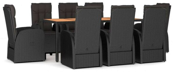 VidaXL 9 részes fekete polyrattan kerti étkezőgarnitúra párnákkal