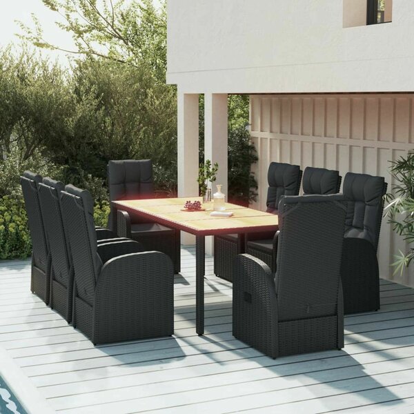 VidaXL 9 részes fekete polyrattan kerti étkezőgarnitúra párnákkal