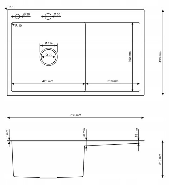 Erga HD, 1 kamrás acél mosogató 780x490x210 mm, bal, grafit, ERG-MLS-HD7849LB