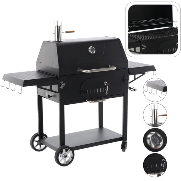 Széngrill fedéllel és hőmérővel, öntöttvas grill, oldalsó polcok, kerekek a könnyű mozgatáshoz, 153x65x137 cm, fekete