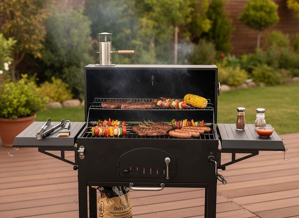 Széngrill fedéllel és hőmérővel, öntöttvas grill, oldalsó polcok, kerekek a könnyű mozgatáshoz, 153x65x137 cm, fekete