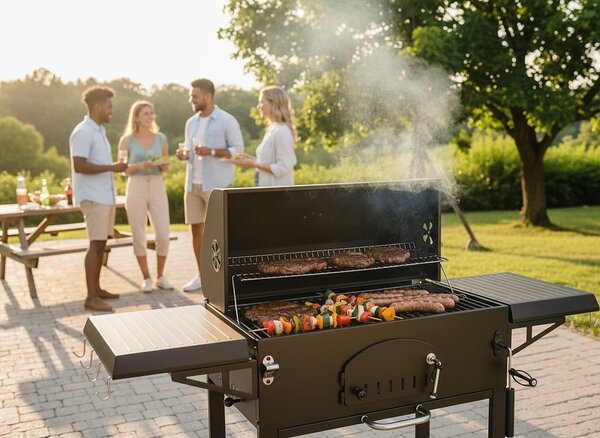 Széngrill fedéllel és hőmérővel, öntöttvas grill, oldalsó polcok, kerekek a könnyű mozgatáshoz, 153x65x137 cm, fekete