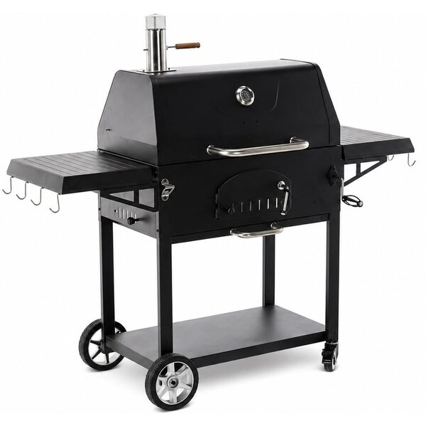 Széngrill fedéllel és hőmérővel, öntöttvas grill, oldalsó polcok, kerekek a könnyű mozgatáshoz, 153x65x137 cm, fekete