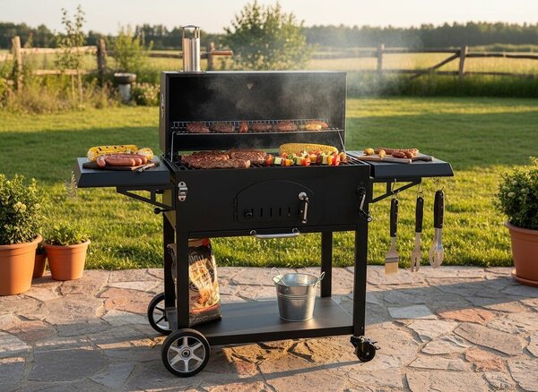 Széngrill fedéllel és hőmérővel, öntöttvas grill, oldalsó polcok, kerekek a könnyű mozgatáshoz, 153x65x137 cm, fekete