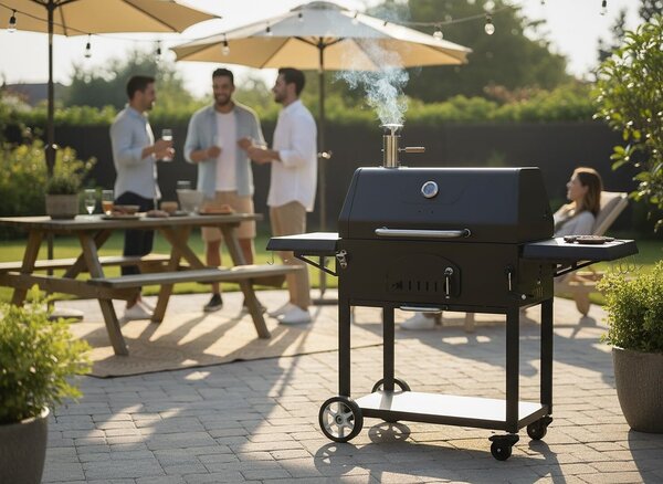 Széngrill fedéllel és hőmérővel, öntöttvas grill, oldalsó polcok, kerekek a könnyű mozgatáshoz, 153x65x137 cm, fekete