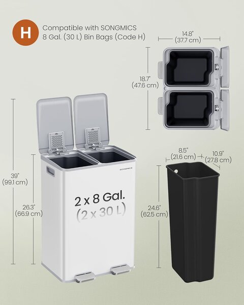Kukás kosár 2x30L, 2 rekeszes, soft-close fedéllel és belső vödrökkel, acél, matt fehér