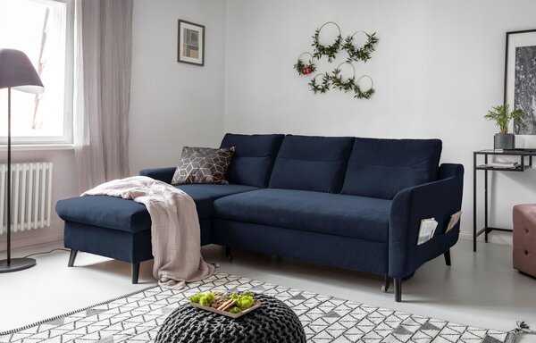 Stylish Stan sötétkék kinyitható bársony sarokkanapé, bal oldali - Miuform
