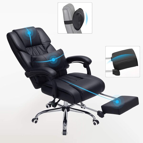 Ergonomikus irodai szék, kihúzható lábtartóval, 135°-ig állítható háttámlával, max. 150 kg terhelhetőség, 70x70x125 cm, fekete
