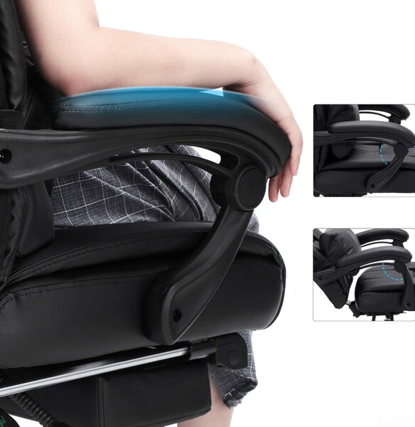 Ergonomikus irodai szék, kihúzható lábtartóval, 135°-ig állítható háttámlával, max. 150 kg terhelhetőség, 70x70x125 cm, fekete