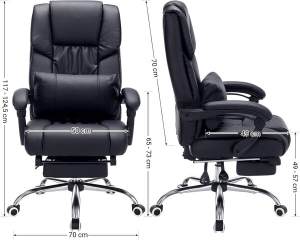 Ergonomikus irodai szék, kihúzható lábtartóval, 135°-ig állítható háttámlával, max. 150 kg terhelhetőség, 70x70x125 cm, fekete