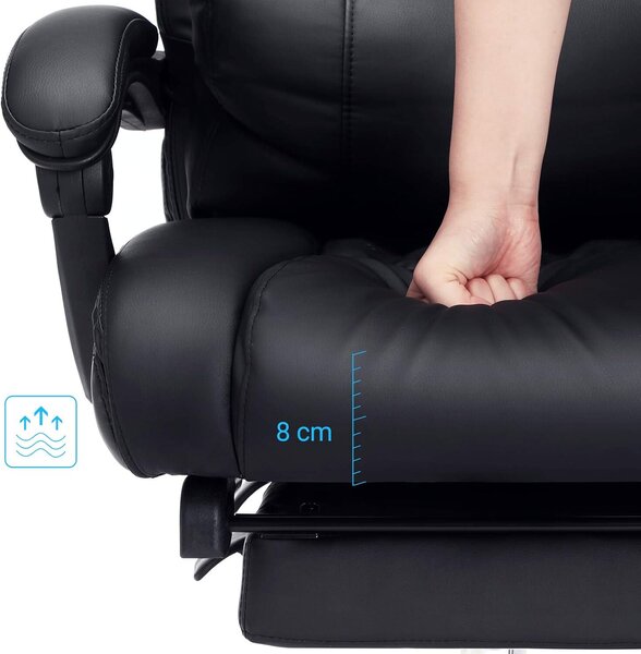 Ergonomikus irodai szék, kihúzható lábtartóval, 135°-ig állítható háttámlával, max. 150 kg terhelhetőség, 70x70x125 cm, fekete