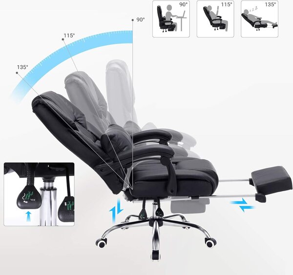 Ergonomikus irodai szék, kihúzható lábtartóval, 135°-ig állítható háttámlával, max. 150 kg terhelhetőség, 70x70x125 cm, fekete