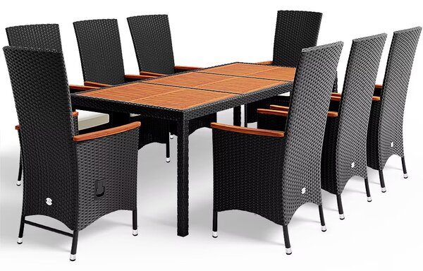 Deuba Berlin 1+8 polyrattan kerti bútor szett, állítható - fekete/fa