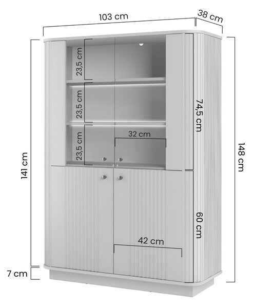 Vesper négyajtós vitrines szekrény 103 cm lábazaton - kasmír / arany fogantyúk