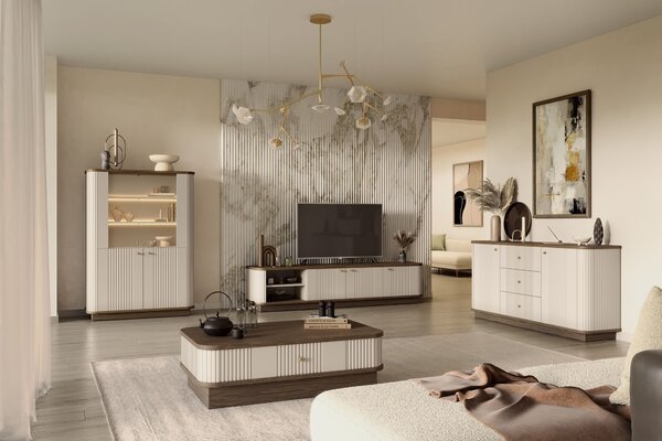 Vesper 3D TV-szekrény 187 cm talapzaton - kasmír / dió / arany fogantyúk