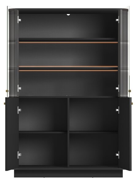 Vesper négyajtós vitrines szekrény 103 cm talpazaton - fekete / arany fogantyúk