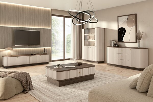 Vesper 4D TV-szekrény 187 cm talapzaton - kasmír / dió / arany fogantyúk