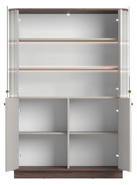 Vesper négyajtós vitrines szekrény 103 cm lábazaton - kasmír / dió / arany fogantyúk