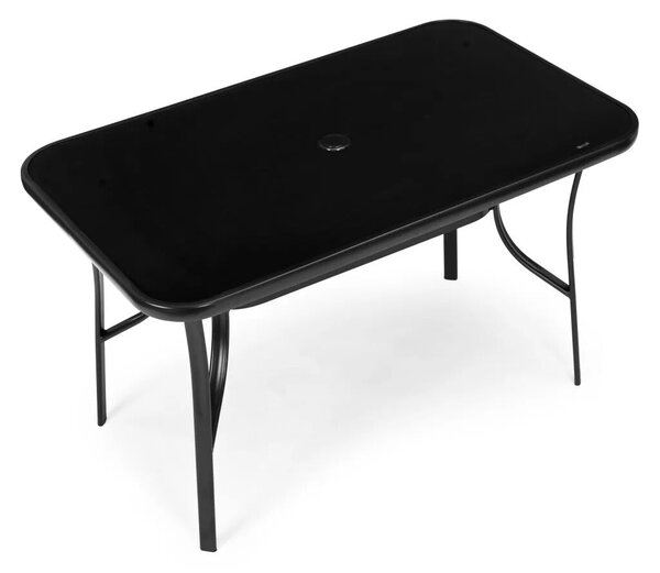 Kerti asztal, MultiGarden SC-094-1, fekete, 140 x 80 cm, magasság: 77 cm, edzett üveglap, porszórt acél váz, napernyőnyílás (4,5 cm), teherbírás: 60 kg