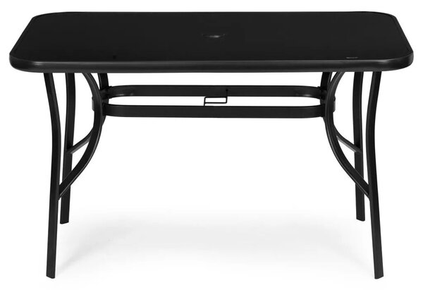 Kerti asztal, MultiGarden SC-094-1, fekete, 140 x 80 cm, magasság: 77 cm, edzett üveglap, porszórt acél váz, napernyőnyílás (4,5 cm), teherbírás: 60 kg
