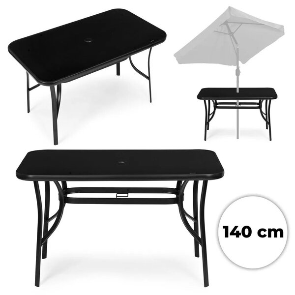 Kerti asztal, MultiGarden SC-094-1, fekete, 140 x 80 cm, magasság: 77 cm, edzett üveglap, porszórt acél váz, napernyőnyílás (4,5 cm), teherbírás: 60 kg