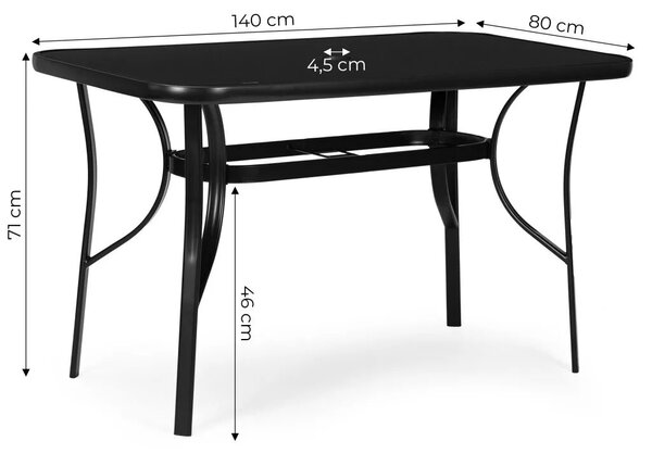 Kerti asztal, MultiGarden SC-094-1, fekete, 140 x 80 cm, magasság: 77 cm, edzett üveglap, porszórt acél váz, napernyőnyílás (4,5 cm), teherbírás: 60 kg