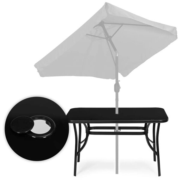 Kerti asztal, MultiGarden SC-094-1, fekete, 140 x 80 cm, magasság: 77 cm, edzett üveglap, porszórt acél váz, napernyőnyílás (4,5 cm), teherbírás: 60 kg