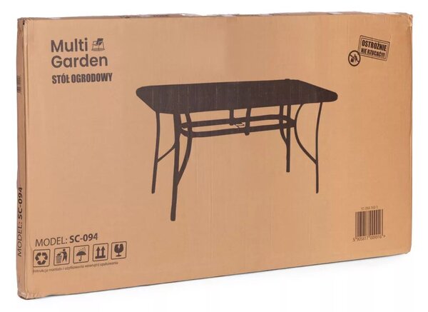 Kerti asztal, MultiGarden SC-094-1, fekete, 140 x 80 cm, magasság: 77 cm, edzett üveglap, porszórt acél váz, napernyőnyílás (4,5 cm), teherbírás: 60 kg