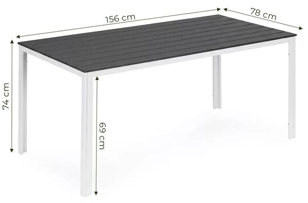 Kerti asztal, MultiGarden SAK-156-4-5, szürke/fehér, 156 x 78 cm, 6 személyes, magasság: 74 cm, fahatású műanyag asztallap, porszórt acél váz, teherbírás: 150 kg