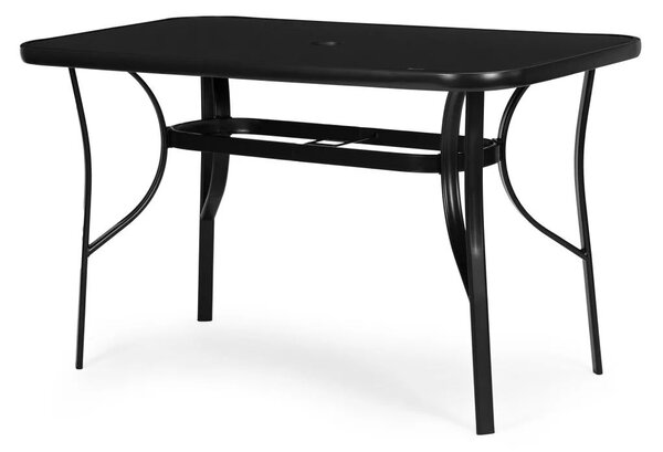 Kerti asztal, MultiGarden SC-094-1, fekete, 140 x 80 cm, magasság: 77 cm, edzett üveglap, porszórt acél váz, napernyőnyílás (4,5 cm), teherbírás: 60 kg