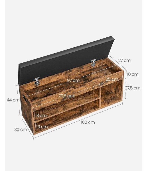 Cipőtároló pad, párnázott ülőfelülettel, 100x30x44 cm, rusztikus barna