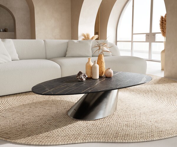 DELIFE Dohányzóasztal Edge ovális 140x75 cm Laminam® kerámia noir desir barna conis szálcsiszolt rozsdamentes acél