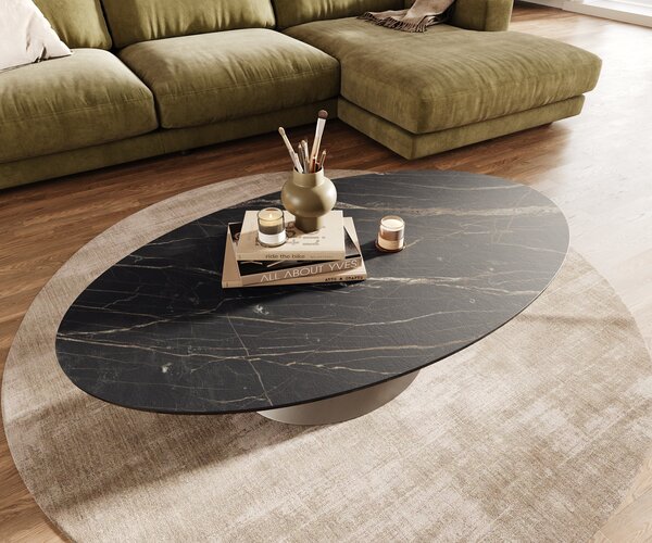 DELIFE Dohányzóasztal Edge ovális 140x80 cm Laminam® kerámia noir desir barna conis szálcsiszolt rozsdamentes acél