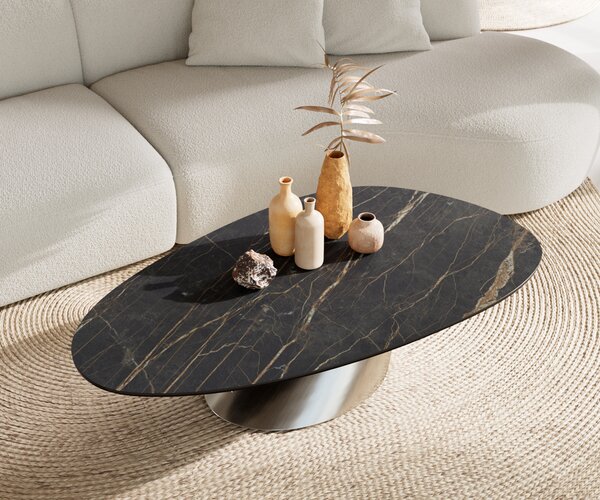 DELIFE Dohányzóasztal Edge ovális 140x75 cm Laminam® kerámia noir desir barna conis szálcsiszolt rozsdamentes acél