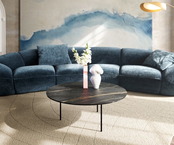 DELIFE Dohányzóasztal Edge kerek 90x90 cm Laminam® kerámia Noir Desir barna Trive fém fekete