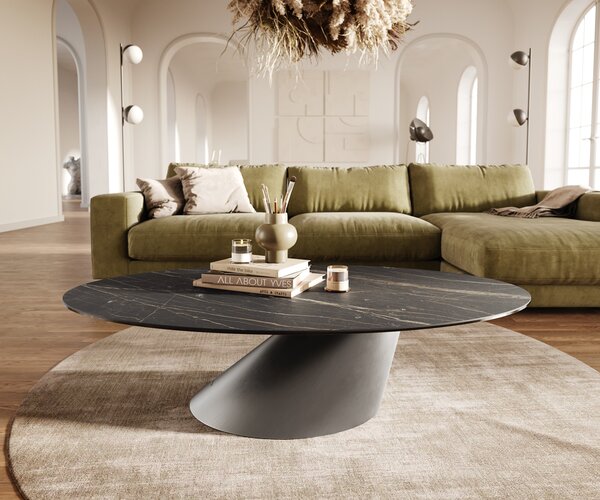 DELIFE Dohányzóasztal Edge ovális 140x80 cm Laminam® kerámia noir desir barna conis szálcsiszolt rozsdamentes acél