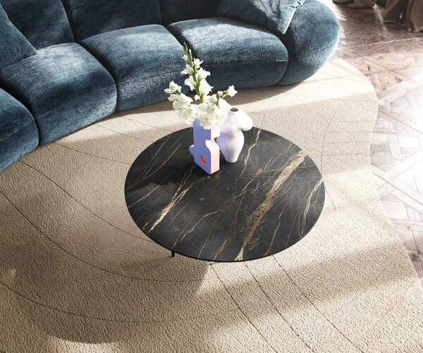 DELIFE Dohányzóasztal Edge kerek 90x90 cm Laminam® kerámia Noir Desir barna Trive fém fekete