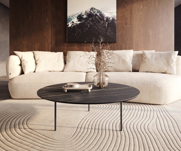 DELIFE Dohányzóasztal Edge kerek 100x100 cm Laminam® kerámia Noir Desir barna Trive fém fekete