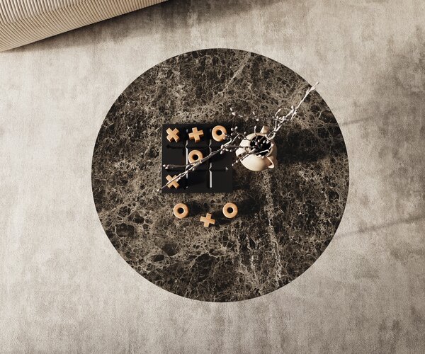 DELIFE Dohányzóasztal Edge kerek 90x90 cm Laminam® Emperador extra polírozott sötétbarna Trive fém fekete