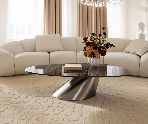 DELIFE Dohányzóasztal Edge ovális 140x75 cm kerámia Laminam® Emperador extra Lucidato sötétbarna kúpos rozsdamentes acél szálcsiszolt
