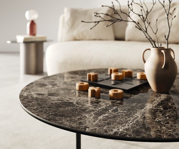 DELIFE Dohányzóasztal Edge kerek 90x90 cm Laminam® Emperador extra polírozott sötétbarna Trive fém fekete