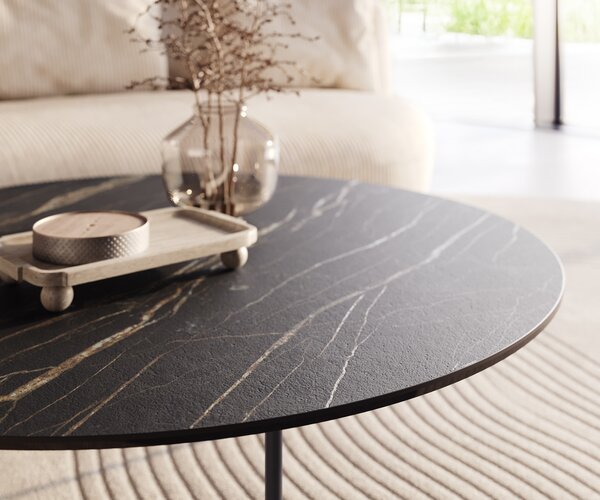 DELIFE Dohányzóasztal Edge kerek 100x100 cm Laminam® kerámia Noir Desir barna Trive fém fekete