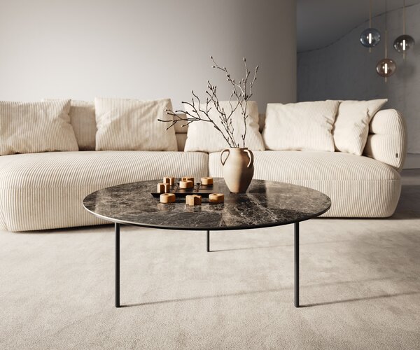 DELIFE Dohányzóasztal Edge kerek 90x90 cm Laminam® Emperador extra polírozott sötétbarna Trive fém fekete