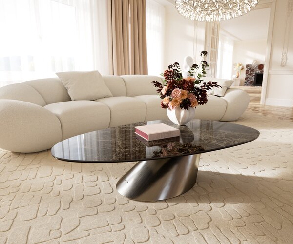 DELIFE Dohányzóasztal Edge ovális 140x75 cm kerámia Laminam® Emperador extra Lucidato sötétbarna kúpos rozsdamentes acél szálcsiszolt