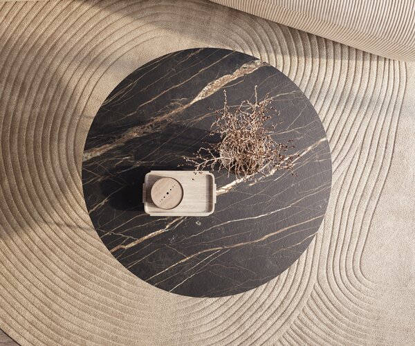 DELIFE Dohányzóasztal Edge kerek 100x100 cm Laminam® kerámia Noir Desir barna Trive fém fekete