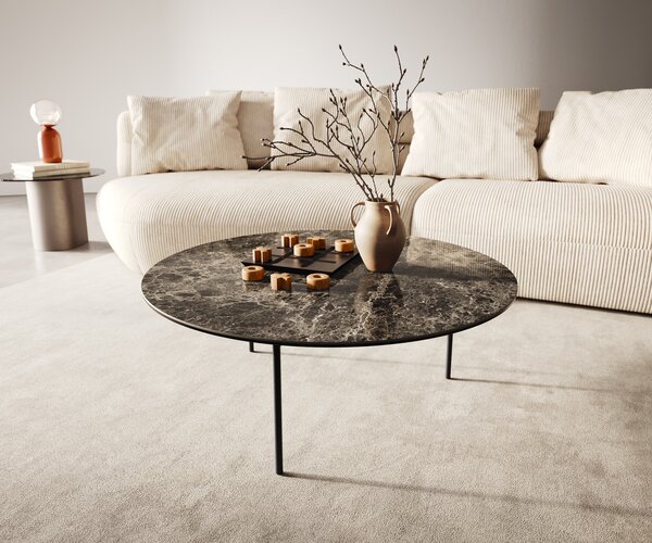 DELIFE Dohányzóasztal Edge kerek 90x90 cm Laminam® Emperador extra polírozott sötétbarna Trive fém fekete