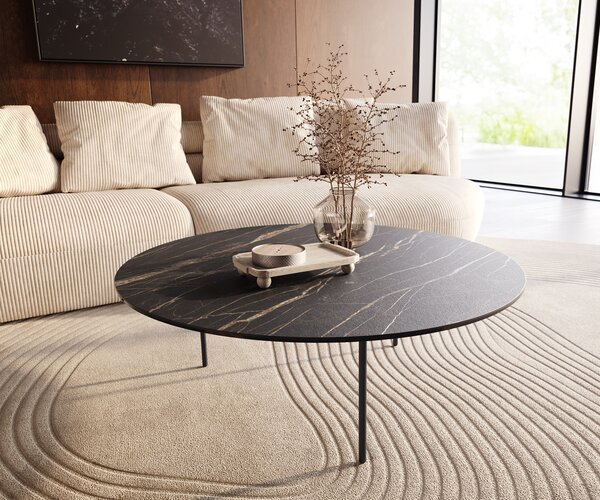 DELIFE Dohányzóasztal Edge kerek 100x100 cm Laminam® kerámia Noir Desir barna Trive fém fekete