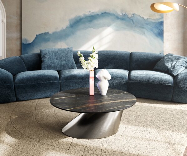 DELIFE Dohányzóasztal Edge kerek 90x90 cm Laminam® kerámia Noir Desir barna Conis rozsdamentes acél szálcsiszolt